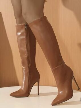 Cognac Brown Pointed Toe Knee High Boots – Stiletto High Heel Side Zip, Sz 35